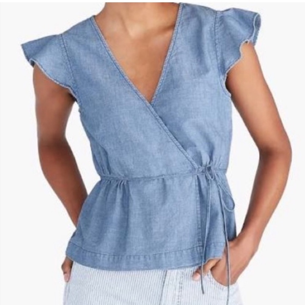 NWT!! J by J Crew Chambray Ruffle Sleeve Wrap Top